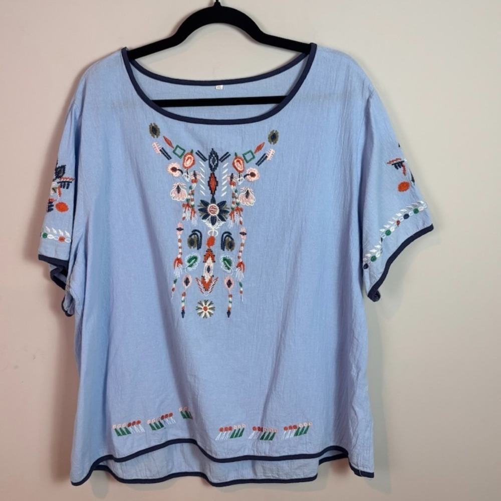 Handmade Womens Blue Floral Embroidered Mexican Peasant Blouse 3XL Boho 70s
